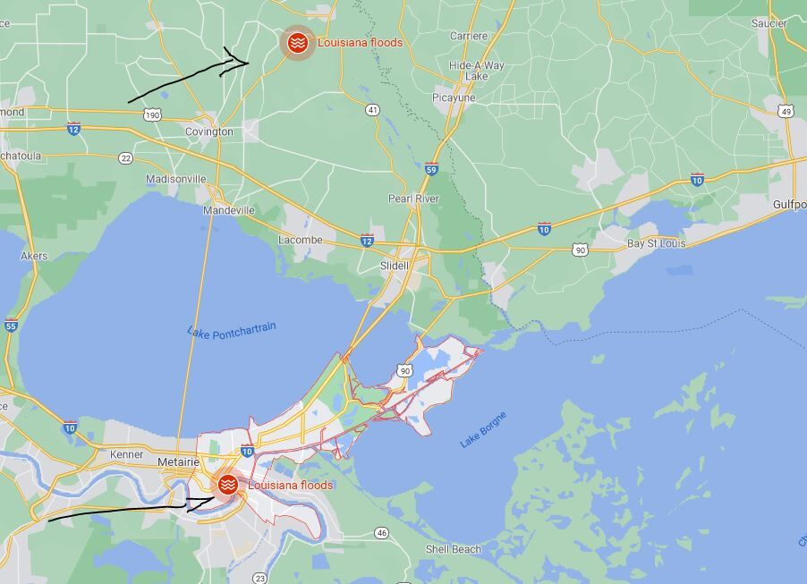 Google map view of floods warning in Louisiana 
