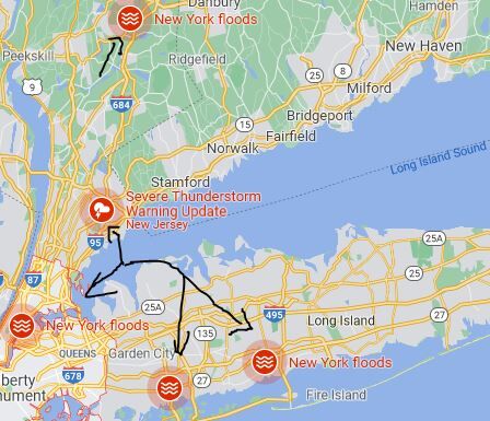  Google map view of floods warning in the New York area